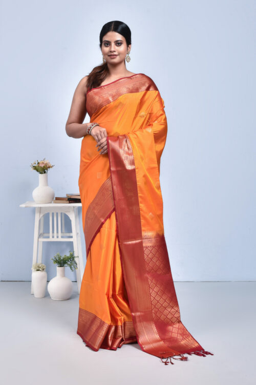 Golden Yellow Hand Woven Kanjeevaram Silk Saree with Red Border