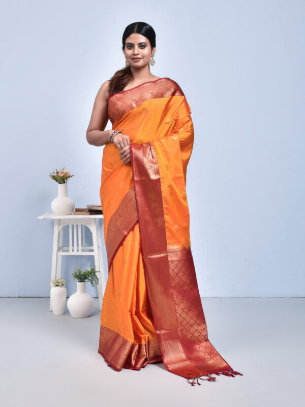 Golden Yellow Hand Woven Kanjeevaram Silk Saree with Red Border