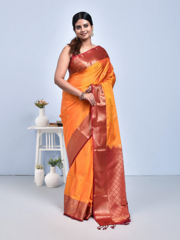 Golden Yellow Hand Woven Kanjeevaram Silk Saree with Red Border - Image 3