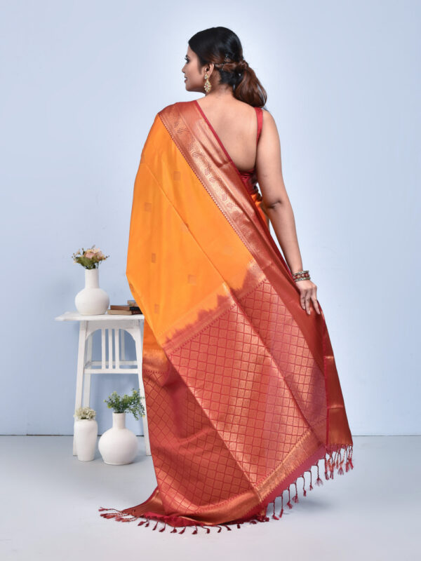 Golden Yellow Hand Woven Kanjeevaram Silk Saree with Red Border - Image 2