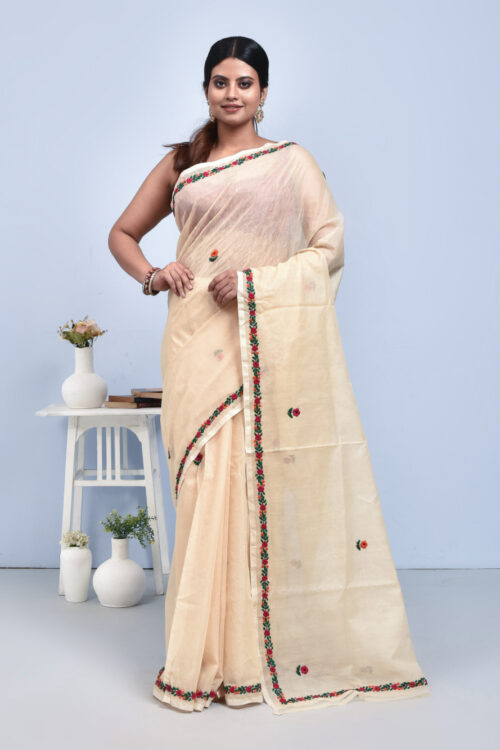 Beige Semi Ghicha Floral Hand Embroidered Saree