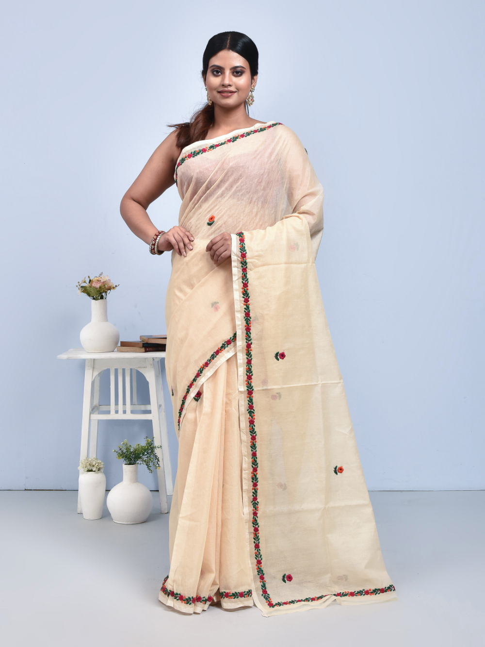 Beige Semi Ghicha Floral Hand Embroidered Saree