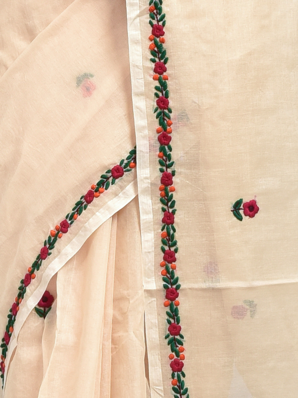 Beige Semi Ghicha Floral Hand Embroidered Saree - Image 6