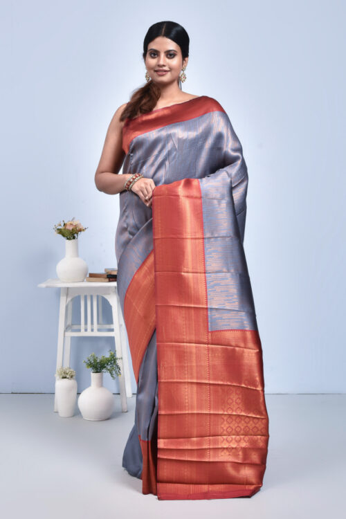 Steel Gray Semi Silk Kanjeevaram Saree with Orange-Red Border