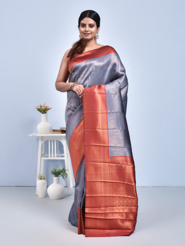Steel Gray Semi Silk Kanjeevaram Saree with Orange-Red Border