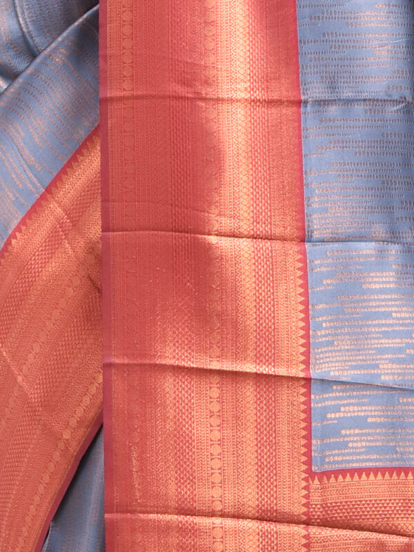 Steel Gray Semi Silk Kanjeevaram Saree with Orange-Red Border - Image 6