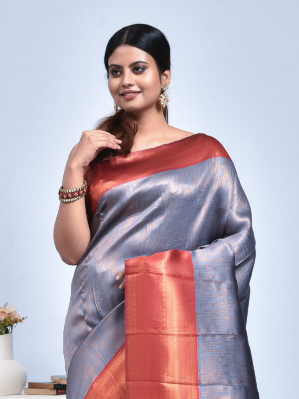 Steel Gray Semi Silk Kanjeevaram Saree with Orange-Red Border - Image 5