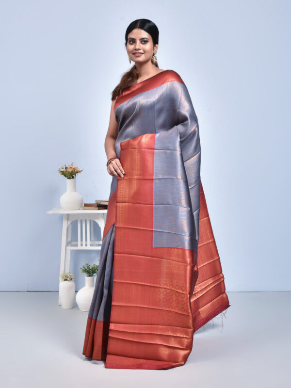 Steel Gray Semi Silk Kanjeevaram Saree with Orange-Red Border - Image 3