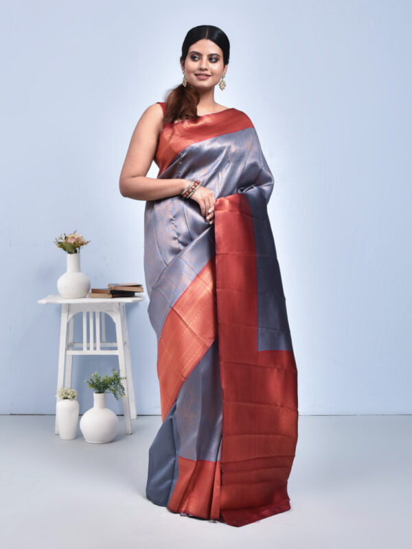 Steel Gray Semi Silk Kanjeevaram Saree with Orange-Red Border - Image 4