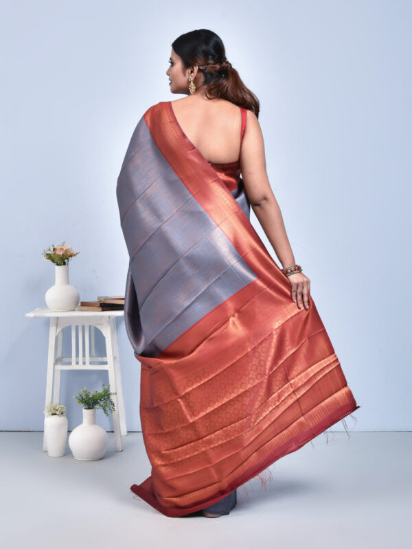 Steel Gray Semi Silk Kanjeevaram Saree with Orange-Red Border - Image 2