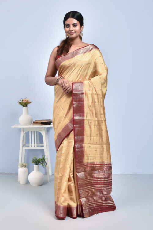 Beige Kanjeevaram Tussar Silk Saree with Maroon Border