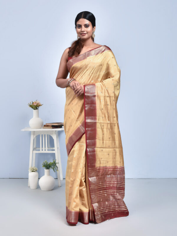 Beige Kanjeevaram Tussar Silk Saree with Maroon Border