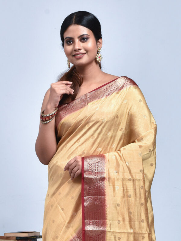 Beige Kanjeevaram Tussar Silk Saree with Maroon Border - Image 5