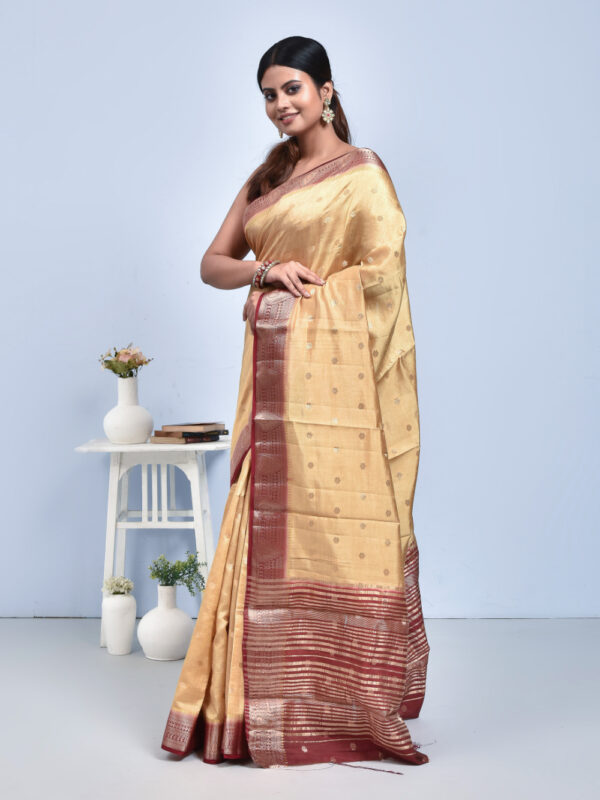 Beige Kanjeevaram Tussar Silk Saree with Maroon Border - Image 4