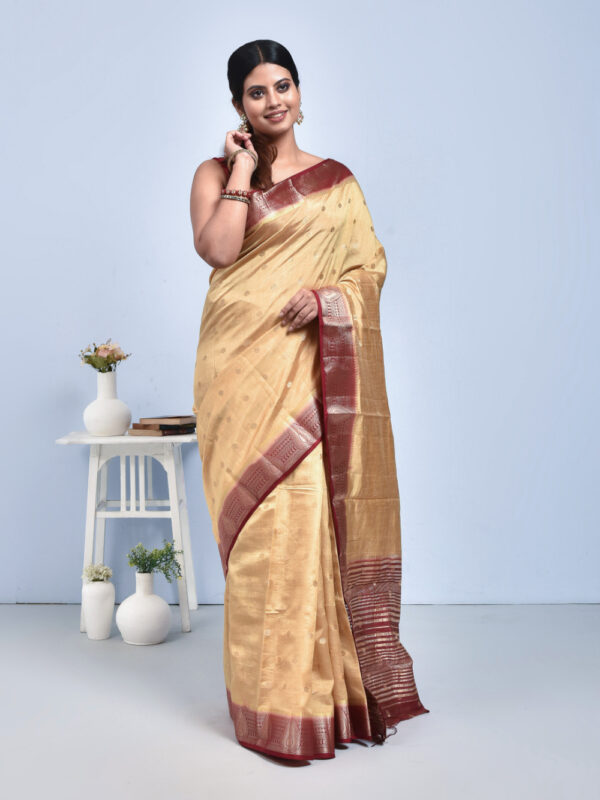 Beige Kanjeevaram Tussar Silk Saree with Maroon Border - Image 3
