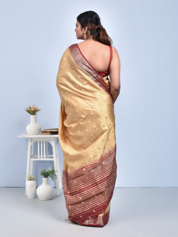 Beige Kanjeevaram Tussar Silk Saree with Maroon Border - Image 2