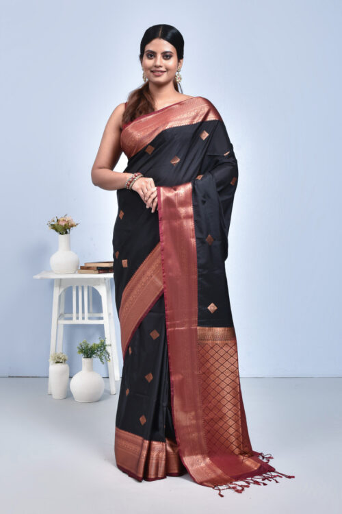 Black Hand Woven Kanjeevaram Silk Saree with Maroon Border