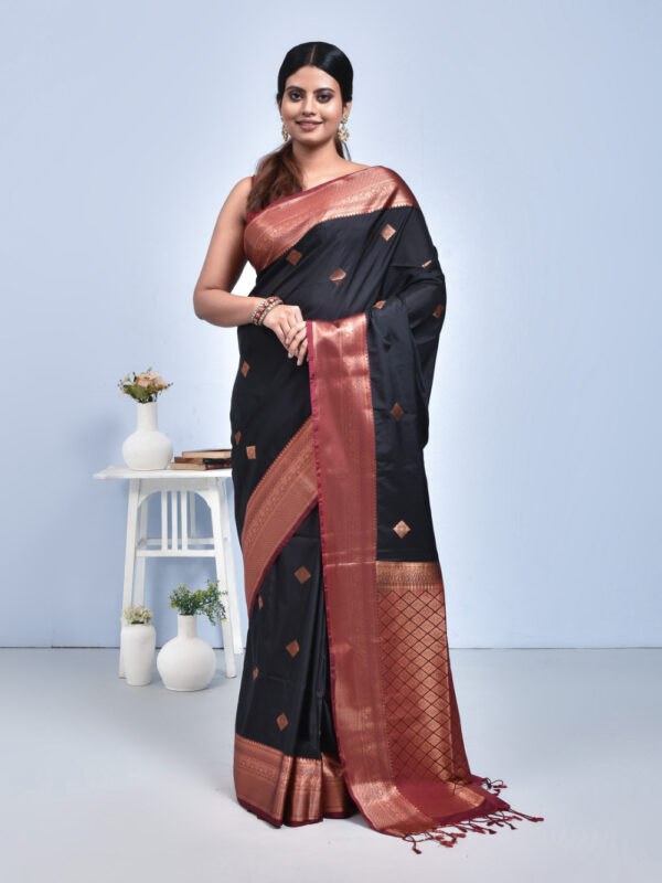 Black Hand Woven Kanjeevaram Silk Saree with Maroon Border