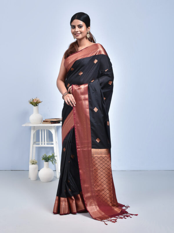 Black Hand Woven Kanjeevaram Silk Saree with Maroon Border - Image 4