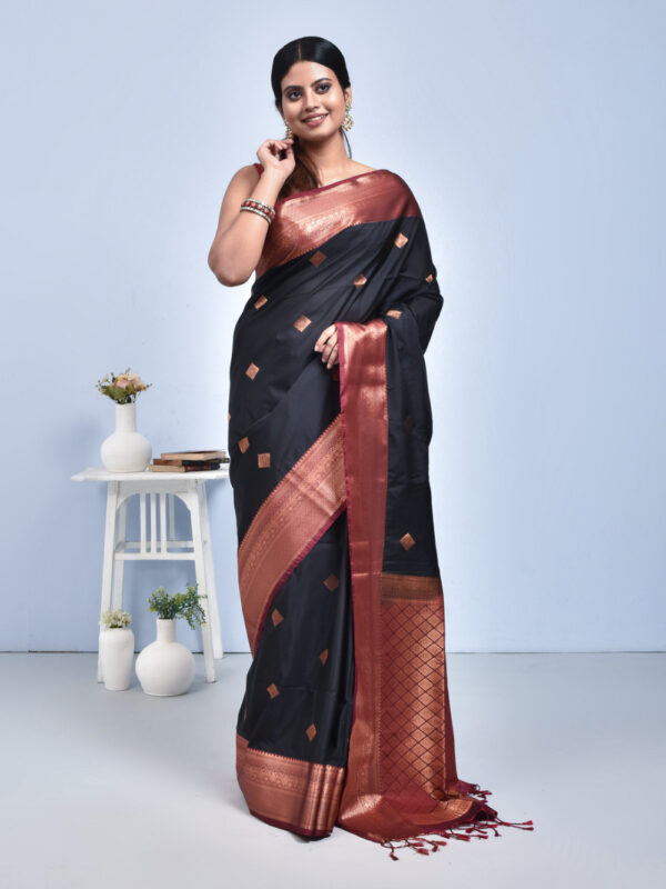 Black Hand Woven Kanjeevaram Silk Saree with Maroon Border - Image 3