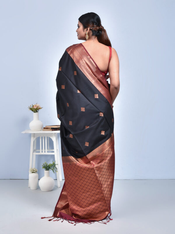 Black Hand Woven Kanjeevaram Silk Saree with Maroon Border - Image 2