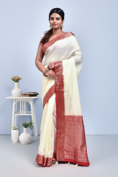 White Red Bengal Tussar Silk Saree