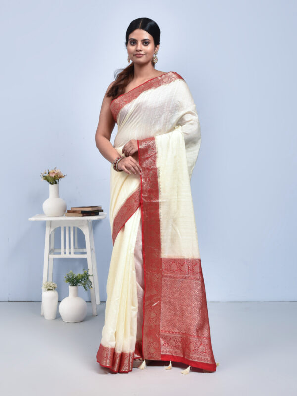 White Red Bengal Tussar Silk Saree