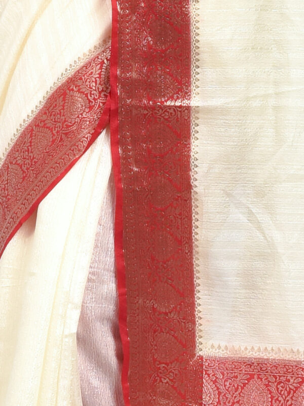 White Red Bengal Tussar Silk Saree - Image 6