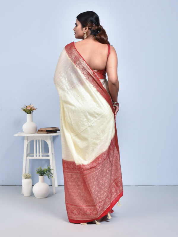 White Red Bengal Tussar Silk Saree - Image 2