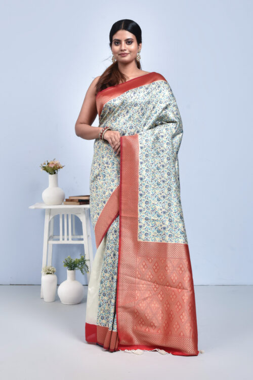 White Banaras Jamawar Saree with Red Border