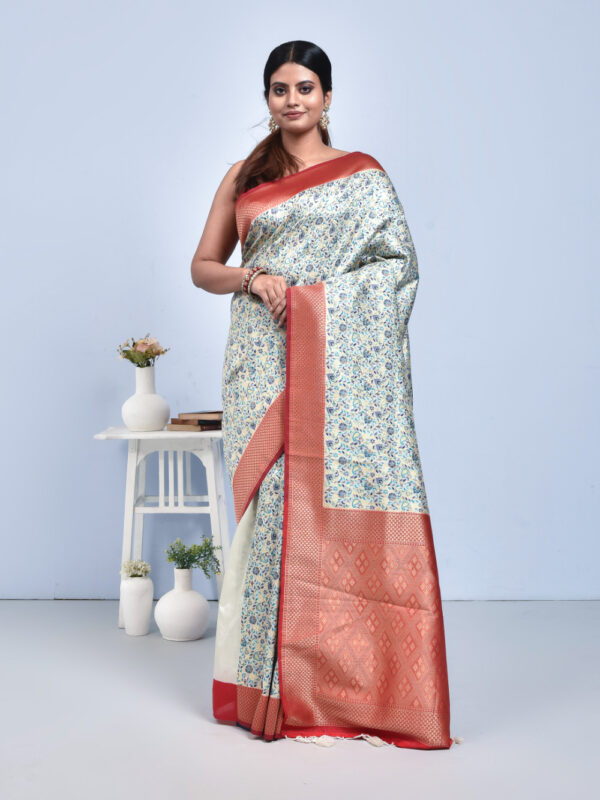 White Banaras Jamawar Saree with Red Border