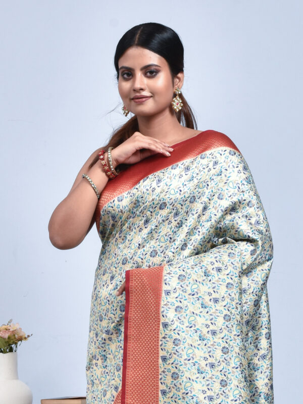 White Banaras Jamawar Saree with Red Border - Image 5