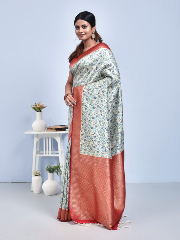 White Banaras Jamawar Saree with Red Border - Image 4