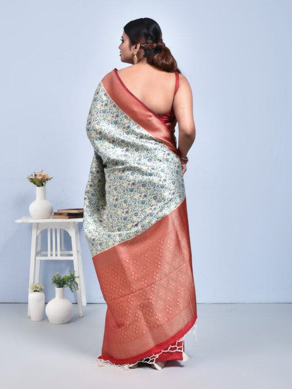 White Banaras Jamawar Saree with Red Border - Image 2