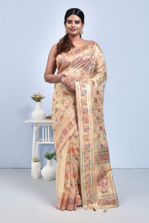 Beige Bengal Meenakari Resham Silk Saree