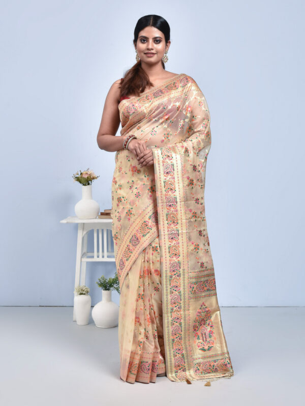 Beige Bengal Meenakari Resham Silk Saree