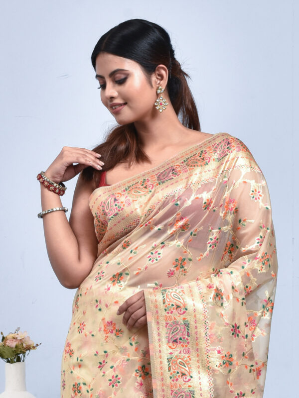 Beige Bengal Meenakari Resham Silk Saree - Image 5