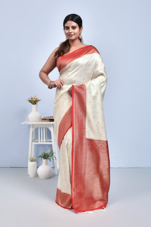 White Banaras Korial Semi Silk Saree with Red Border