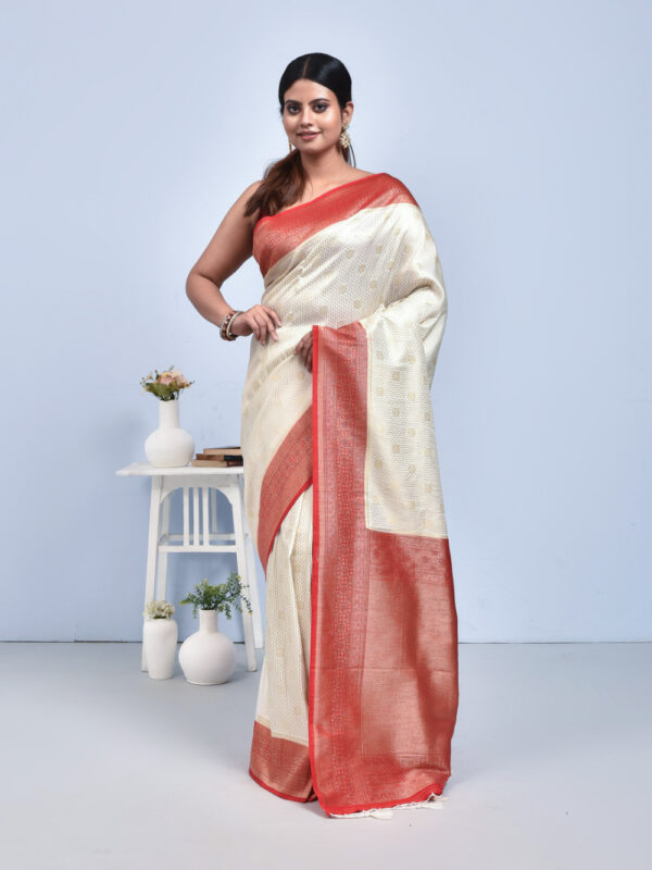 White Banaras Korial Semi Silk Saree with Red Border