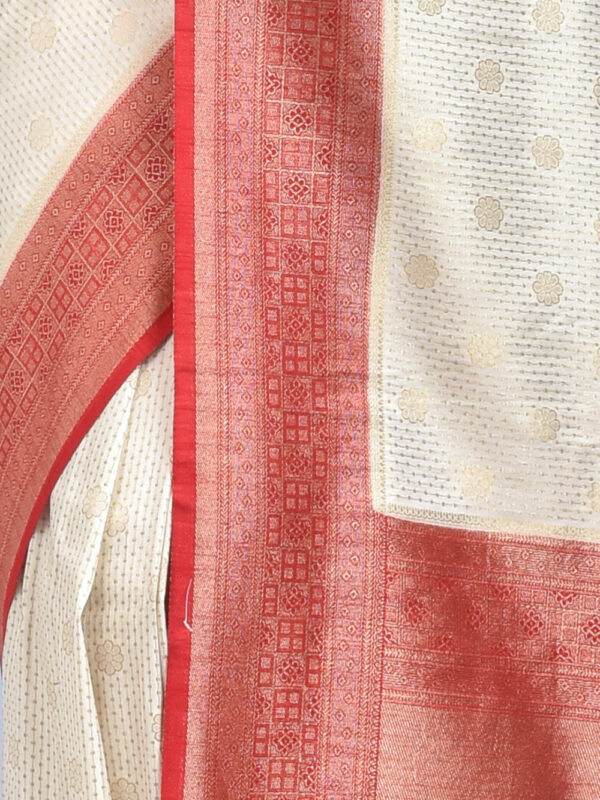 White Banaras Korial Semi Silk Saree with Red Border - Image 6