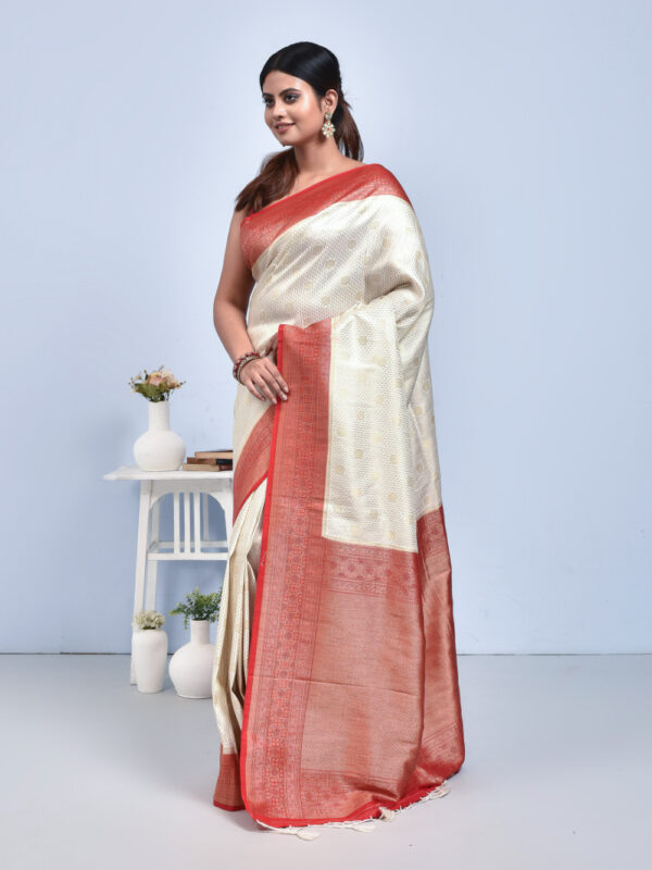 White Banaras Korial Semi Silk Saree with Red Border - Image 4