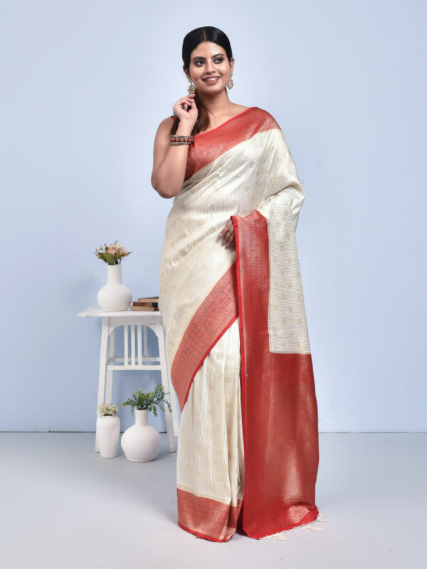 White Banaras Korial Semi Silk Saree with Red Border - Image 3