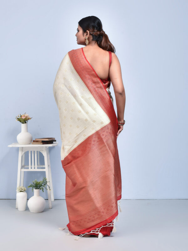 White Banaras Korial Semi Silk Saree with Red Border - Image 2