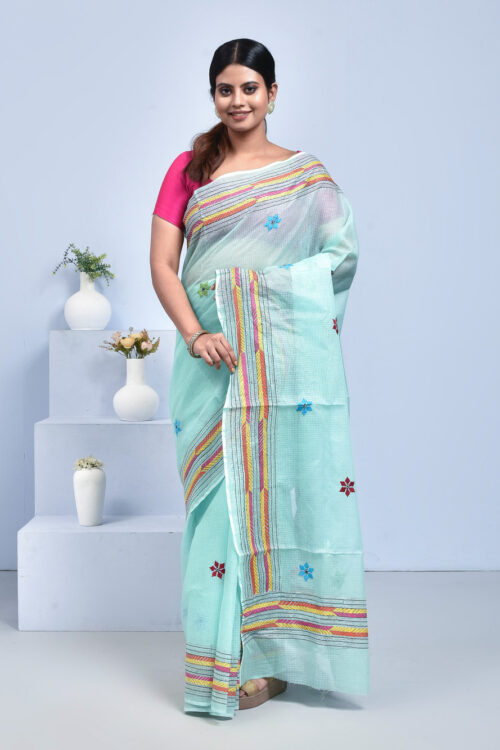 Sea Green Kota Doria Saree with Hand Embroidered Floral Design