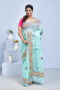Sea Green Kota Doria Saree with Hand Embroidered Floral Design