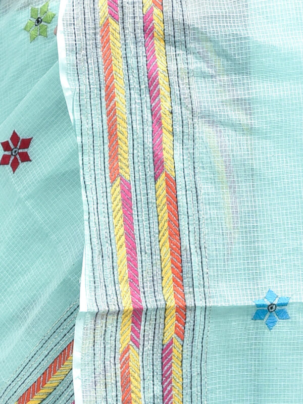 Sea Green Kota Doria Saree with Hand Embroidered Floral Design - Image 6
