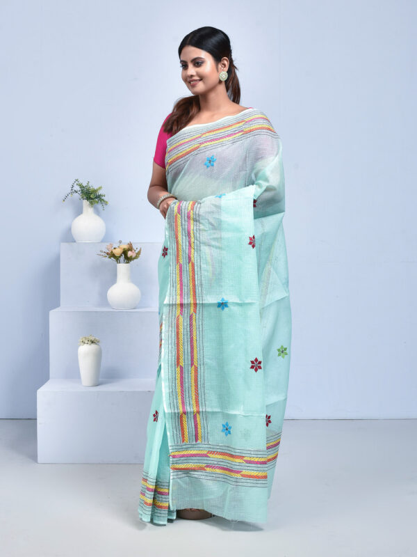 Sea Green Kota Doria Saree with Hand Embroidered Floral Design - Image 4