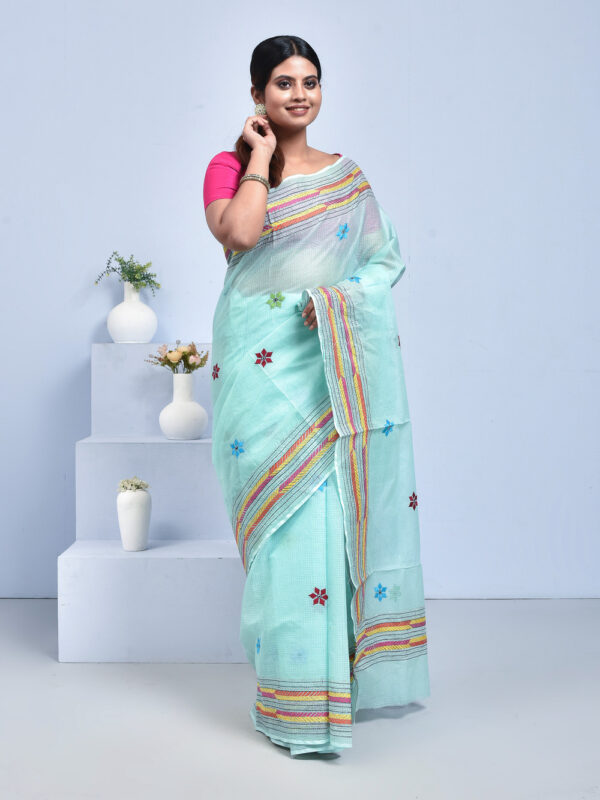Sea Green Kota Doria Saree with Hand Embroidered Floral Design - Image 3