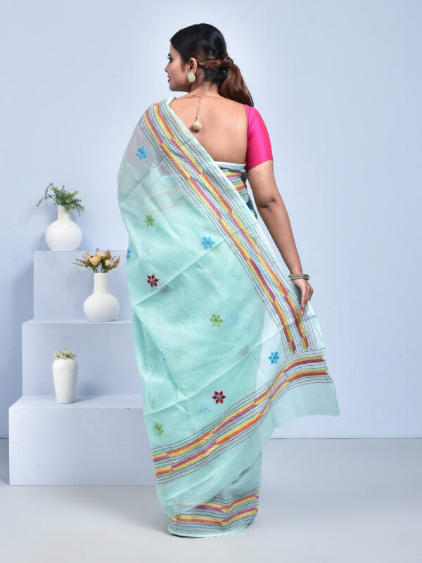 Sea Green Kota Doria Saree with Hand Embroidered Floral Design - Image 2
