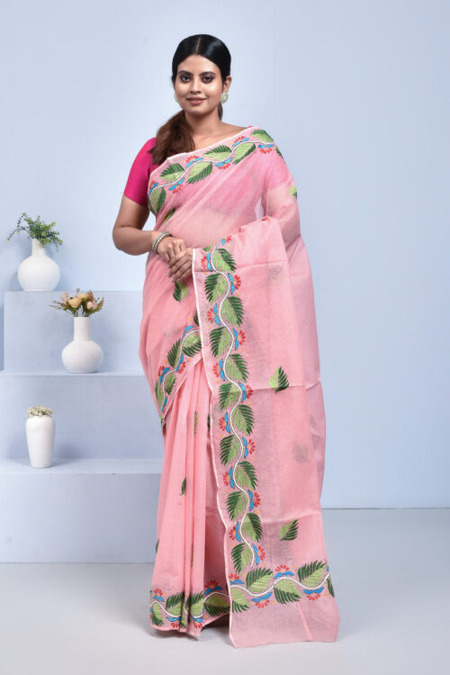 Peach Kota Doria Saree with Hand Embroidered Leaf Design